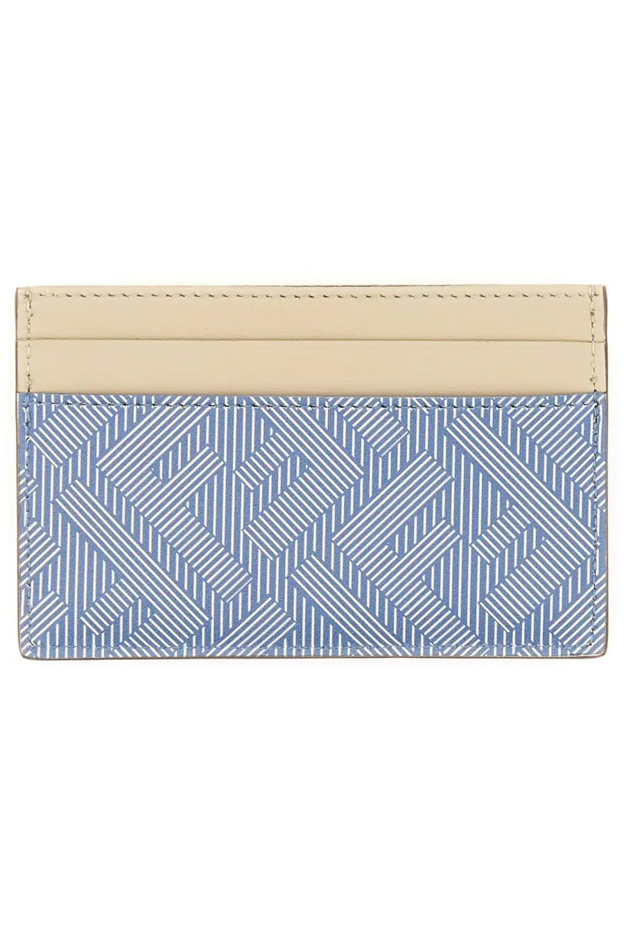 Fendi men’s shadow card holder with blue geometric pattern and beige leather trim in a sleek two-tone design