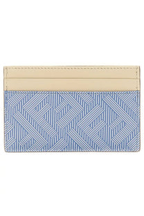 Fendi men’s shadow card holder with blue geometric pattern and beige leather trim in a sleek two-tone design