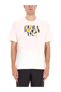 Fendi men’s off-white t-shirt with bold black and yellow graphic print multicolor casual shirt