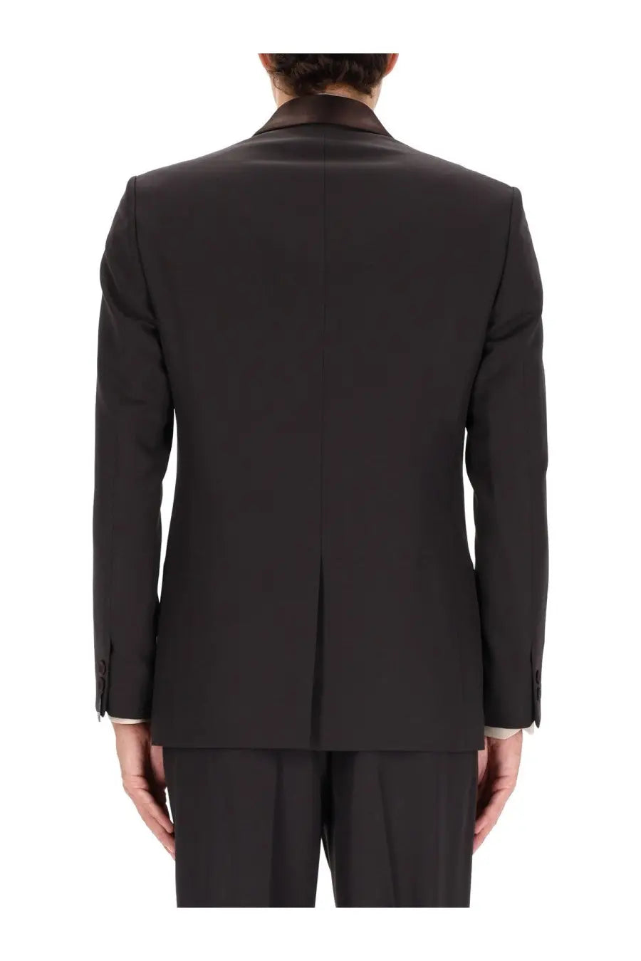 Fendi men’s single breasted tailored black suit jacket with contrasting dark brown satin collar
