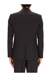 Fendi men’s single breasted tailored black suit jacket with contrasting dark brown satin collar