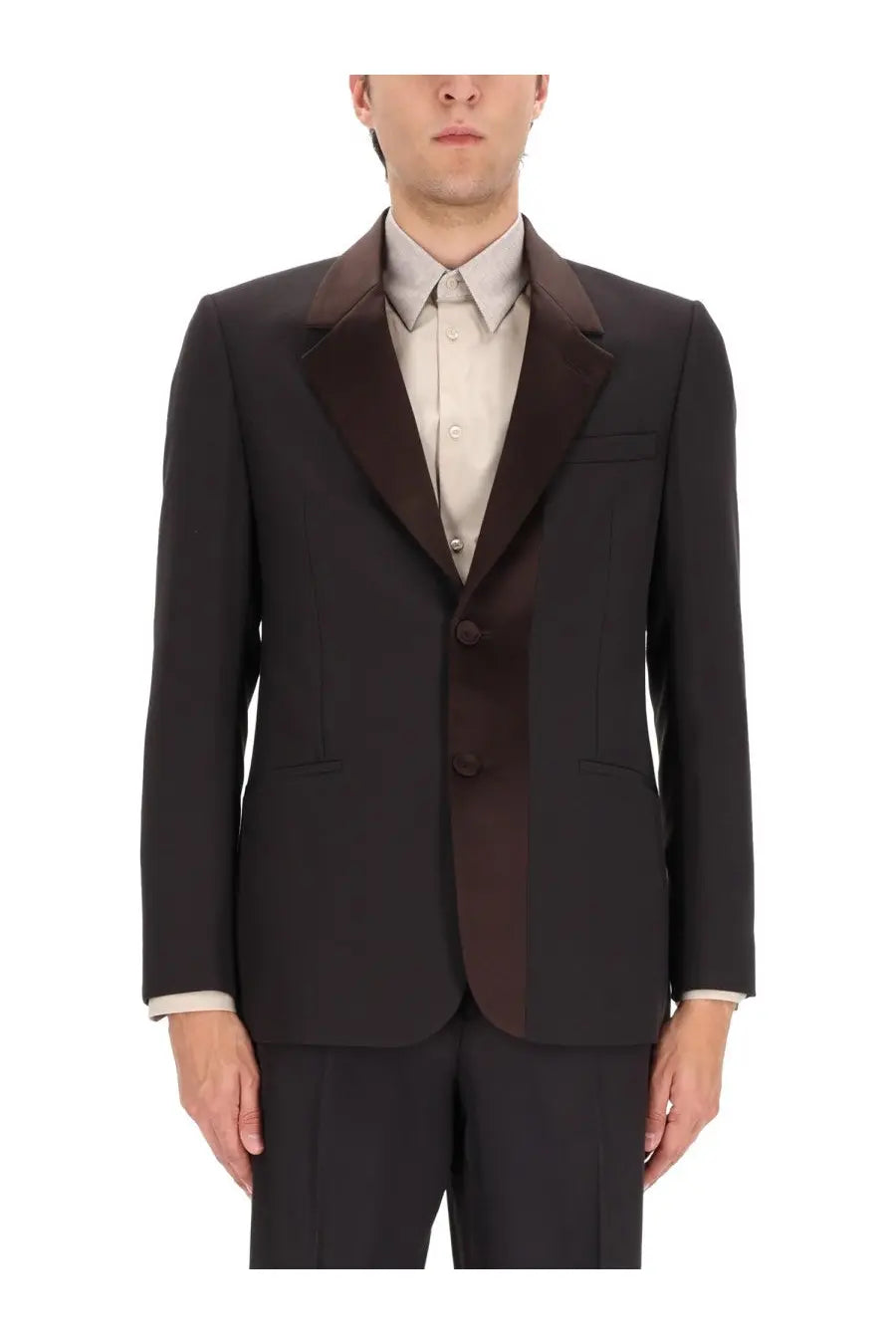 Fendi men’s single breasted tailored black tuxedo jacket with dark brown satin lapels and matching front trim
