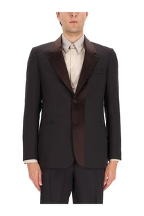 Fendi men’s single breasted tailored black tuxedo jacket with dark brown satin lapels and matching front trim