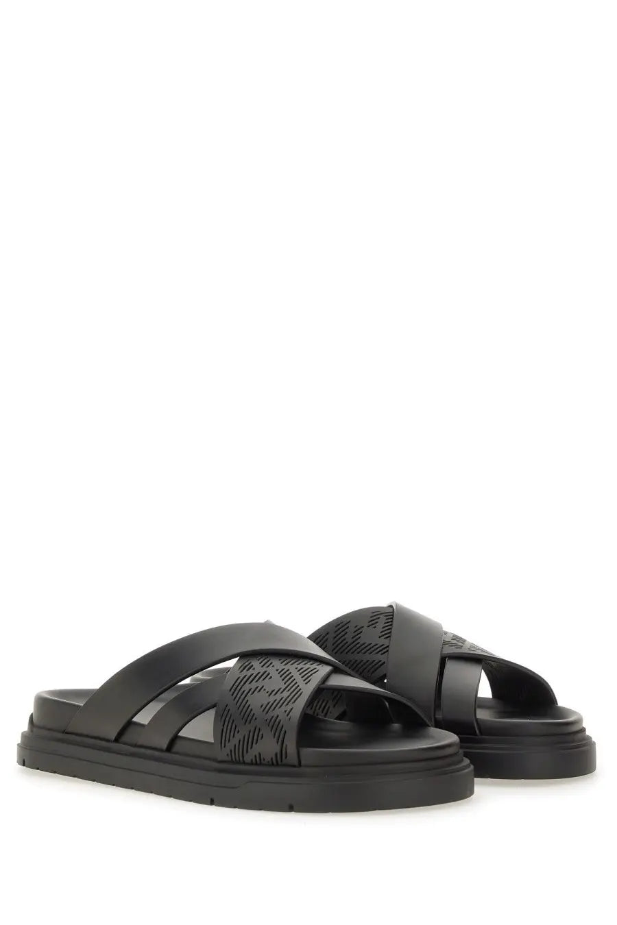 Fendi men’s black platform slide sandals with distinctive embossed pattern on leather straps