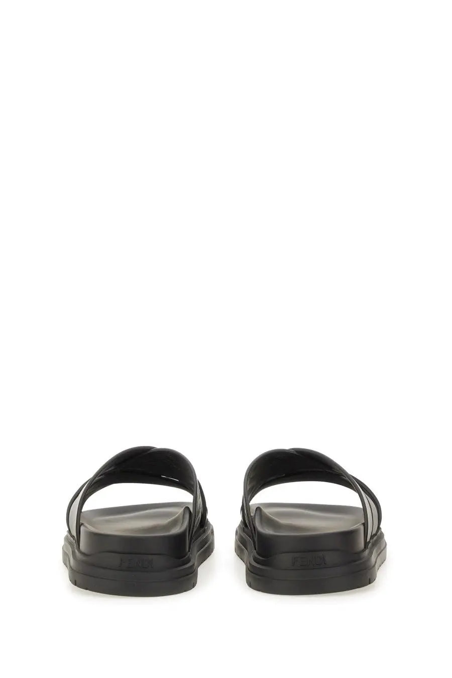 Fendi men’s black rubber slide sandal with thick chunky sole and two overlapping straps for casual wear