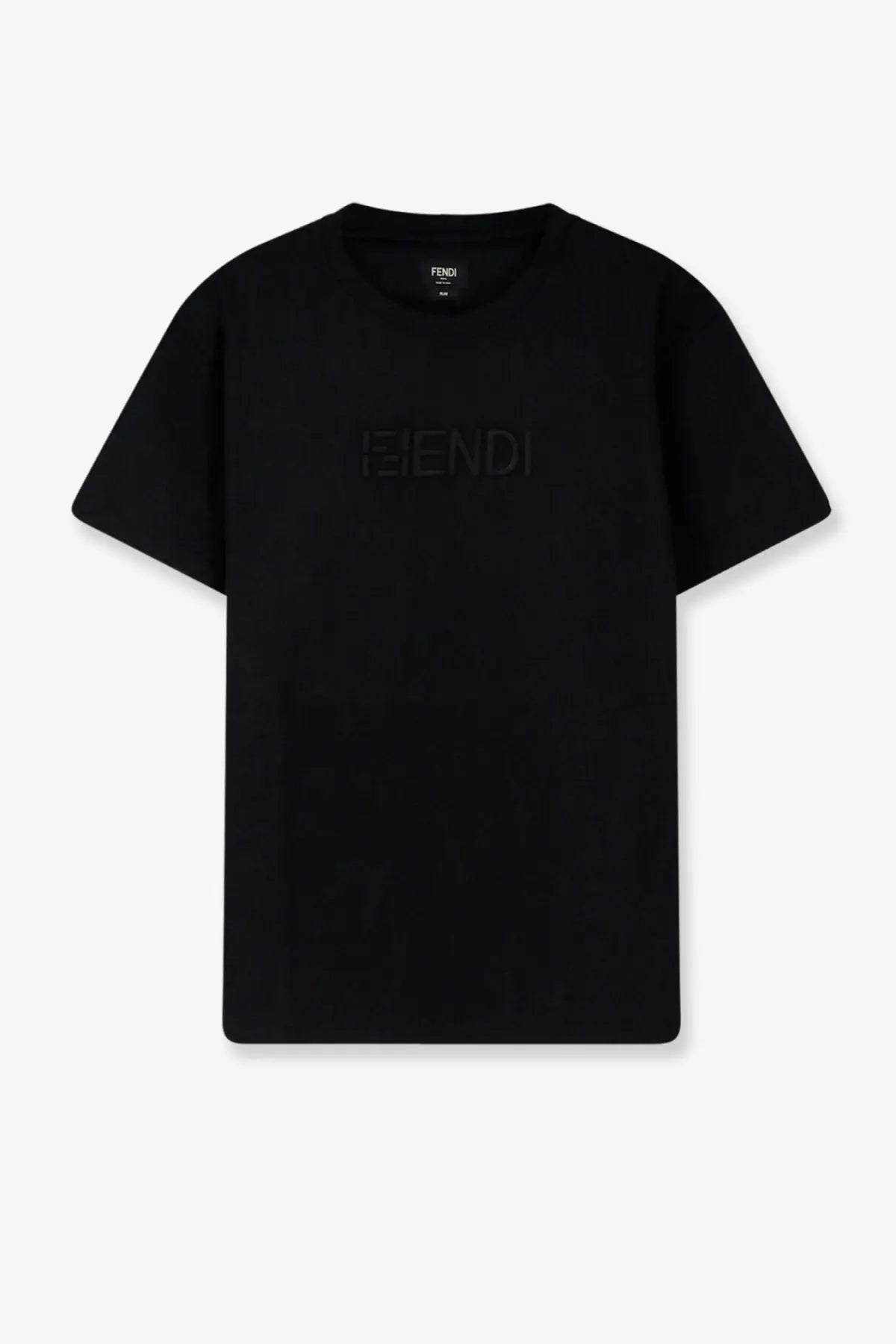 Fendi men’s slim fit black cotton t shirt with subtle embossed logo on the chest
