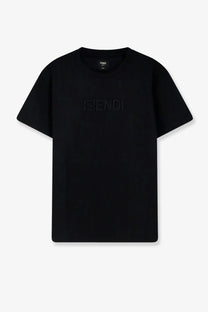 Fendi men’s slim fit black cotton t shirt with subtle embossed logo on the chest