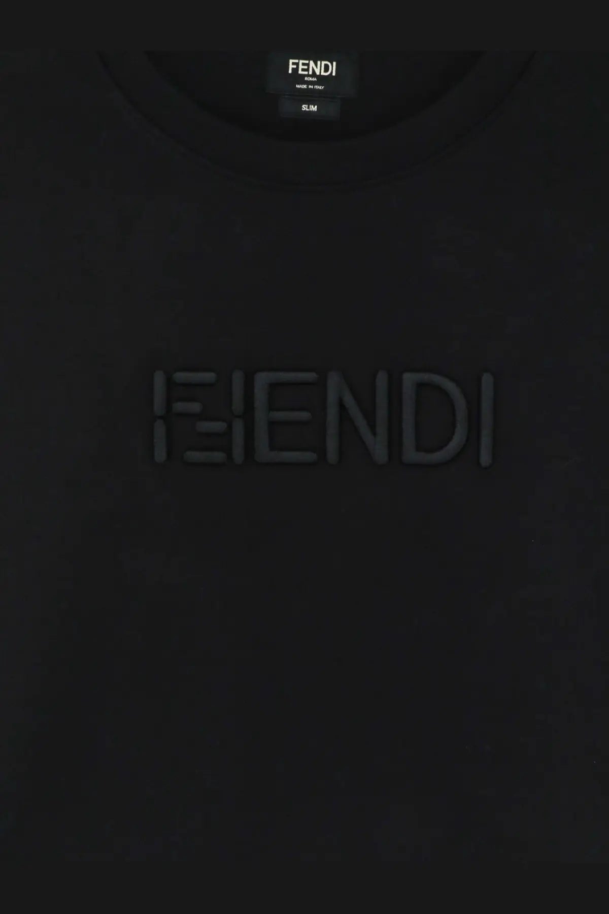 Fendi men’s slim fit black cotton t-shirt with a subtle embossed logo across the chest