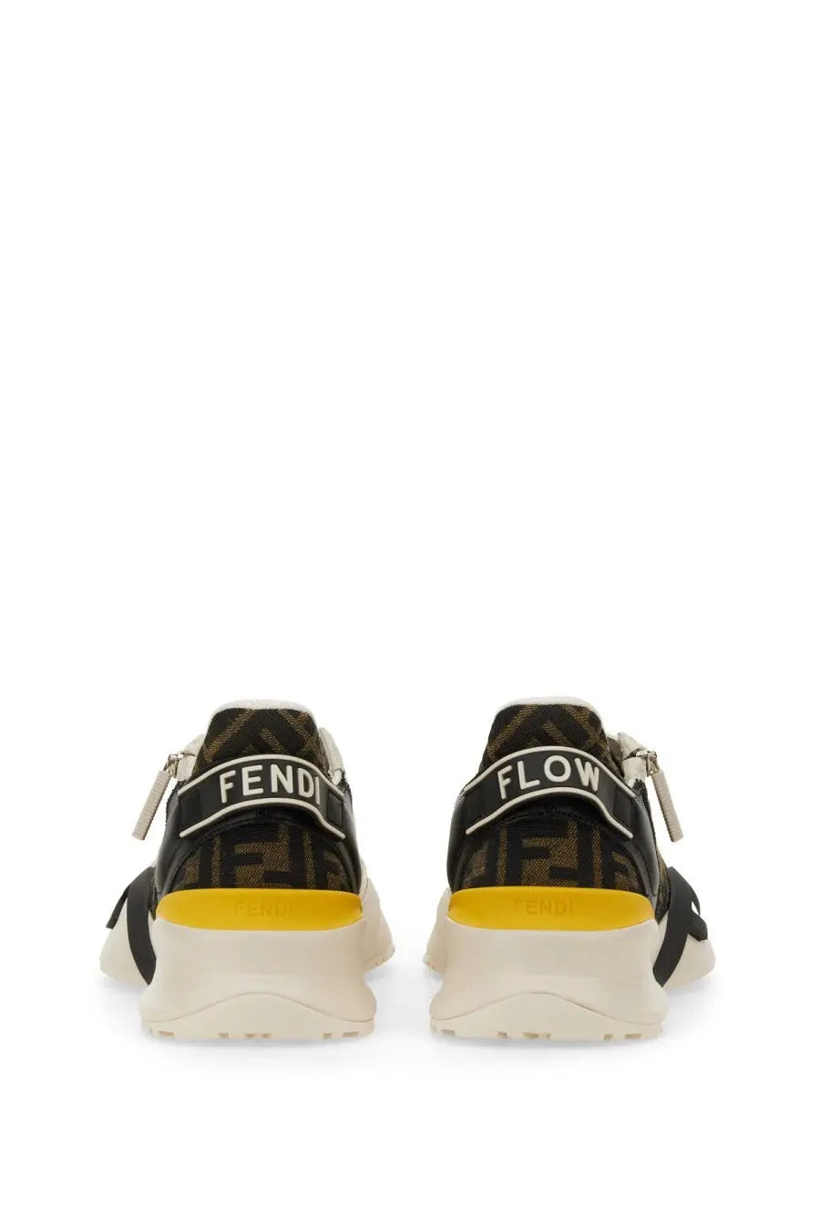 Fendi men’s sneaker flow multicolor black and yellow with bold ff logo and white heel zipper details visible from the back