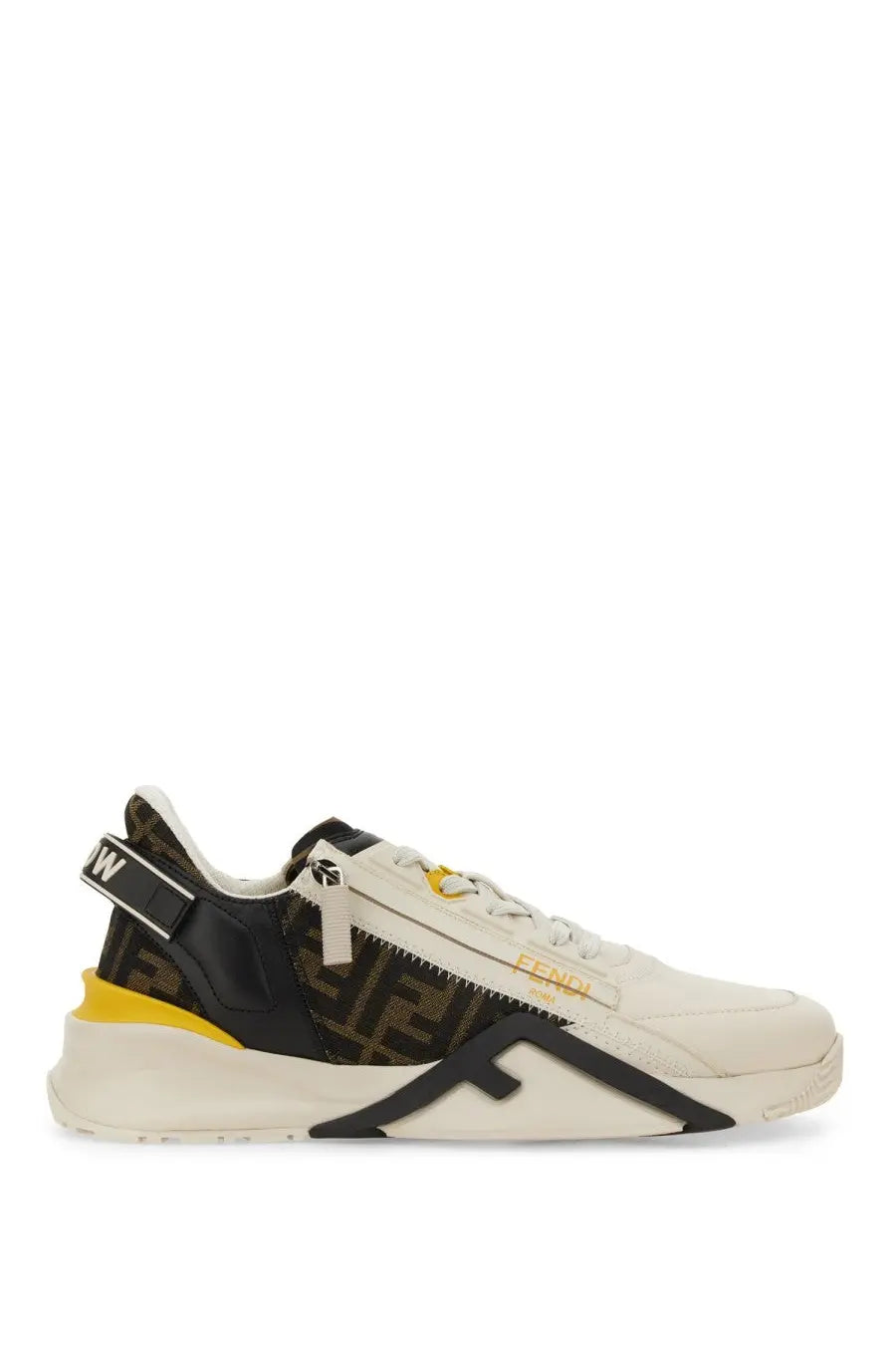 Cream-colored Fendi men’s sneaker flow multicolor with black yellow accents and bold ff logo pattern on side and heel