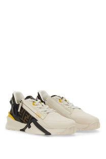 Cream-colored Fendi men’s sneaker flow with black and yellow accents and bold ff logo pattern on the side