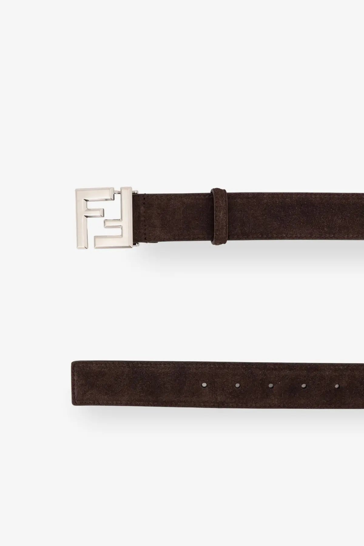 Brown suede fendi men’s squared ff belt black with silver toned fendi logo buckle front view