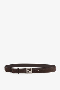 Brown suede fendi men’s belt with silver-toned squared ff logo buckle in black