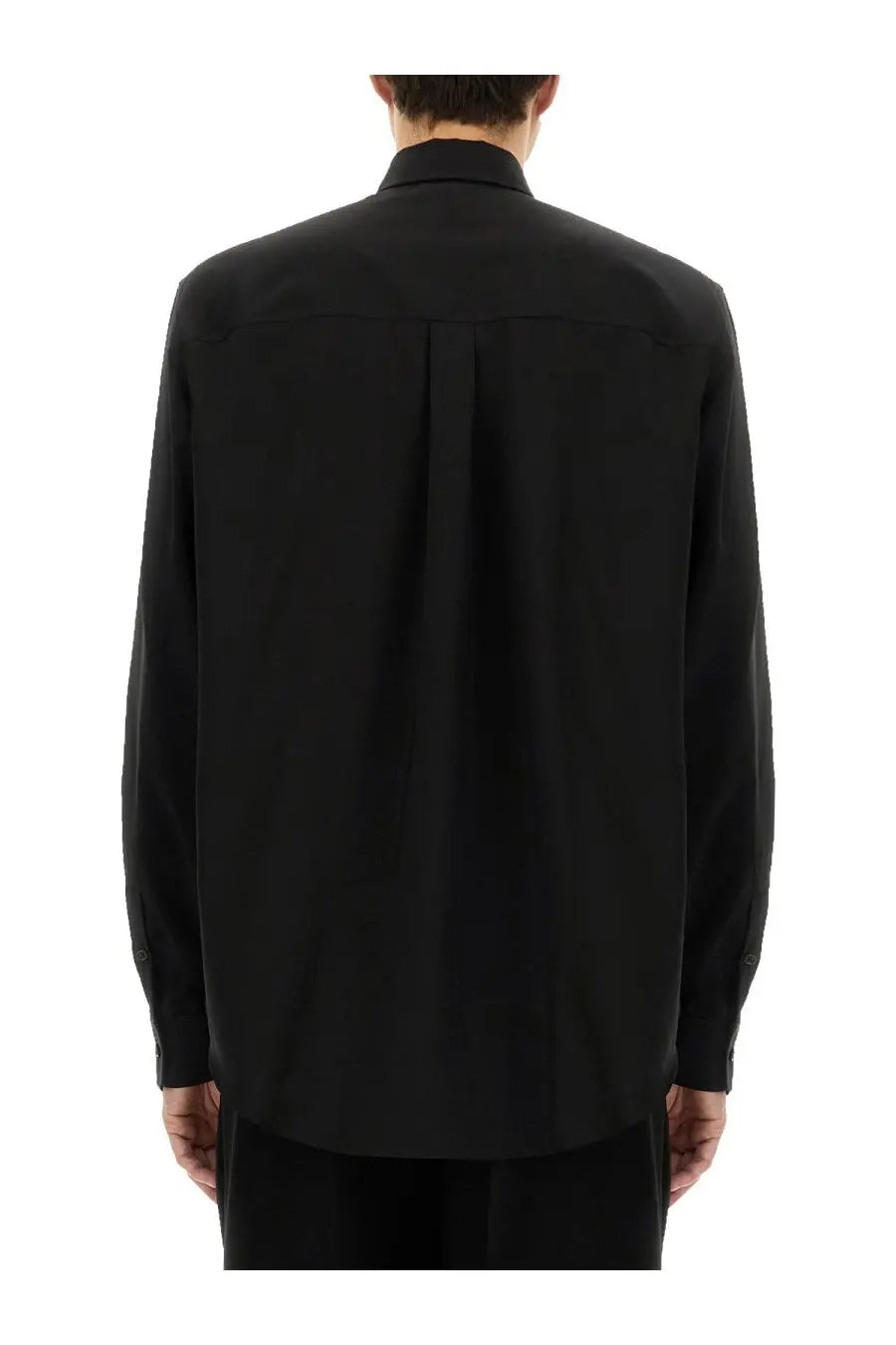 Fendi men’s tailor made black long-sleeved button-up shirt with subtle pleated back design shown from back side