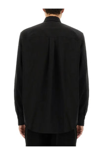 Fendi men’s tailor made black long-sleeved button-up shirt with subtle pleated back design shown from back side