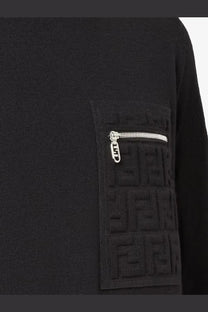 Fendi men’s black virgin wool sweater with textured pocket featuring embossed ff logo and silver zipper pull