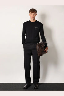 Fendi men’s black virgin wool sweater with sleek cashmere blend and subtle silver chest zipper detail