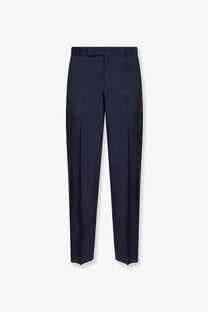 Fendi men’s navy blue virgin wool tailored trousers with sleek straight-leg cut and subtle front pleats