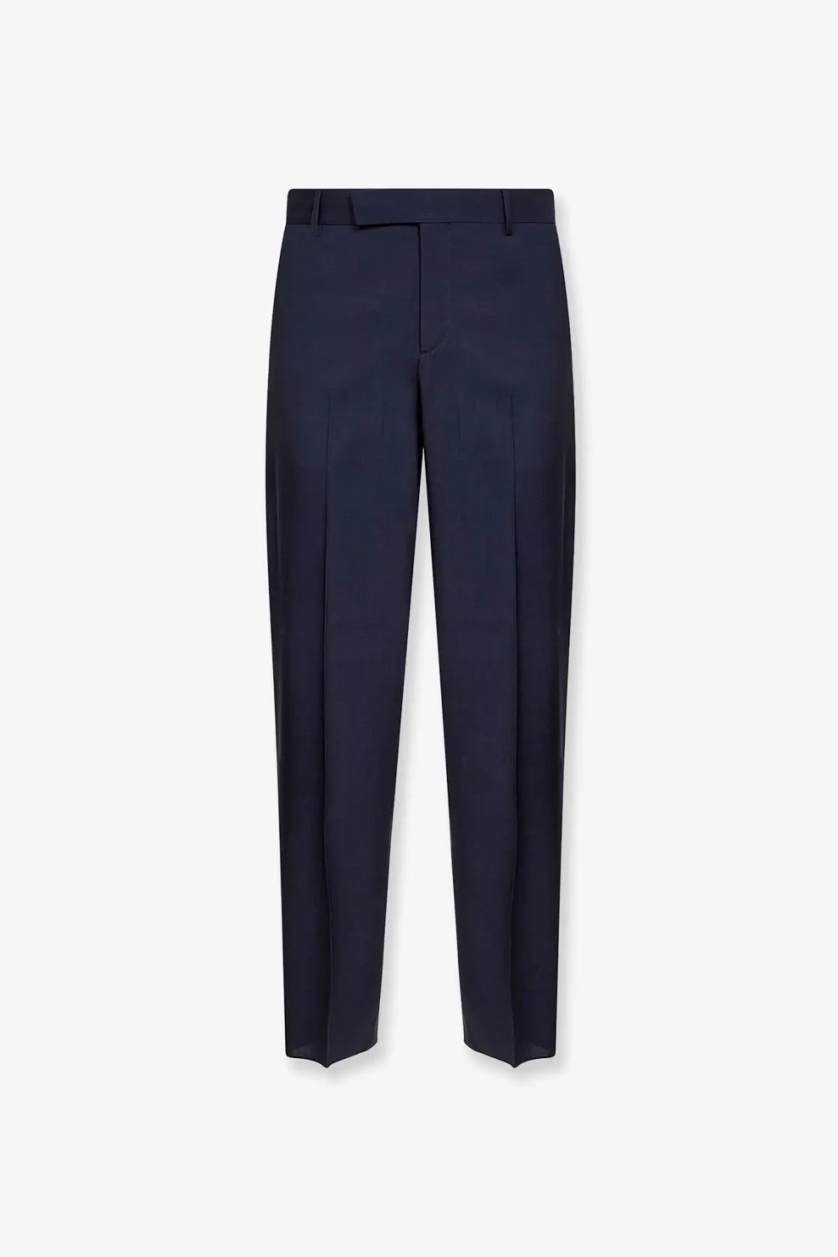 Fendi men’s virgin wool trousers in navy blue with tailored fit, sleek straight-leg cut, and subtle front pleats