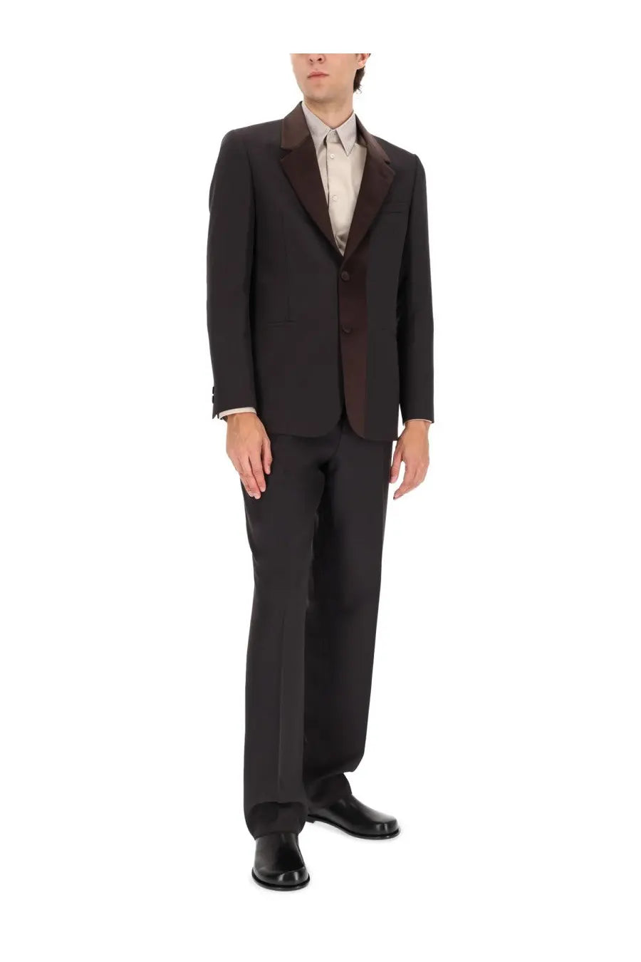 Black tailored suit with dark brown satin lapels and matching vest paired with fendi men’s brown wool blend pants