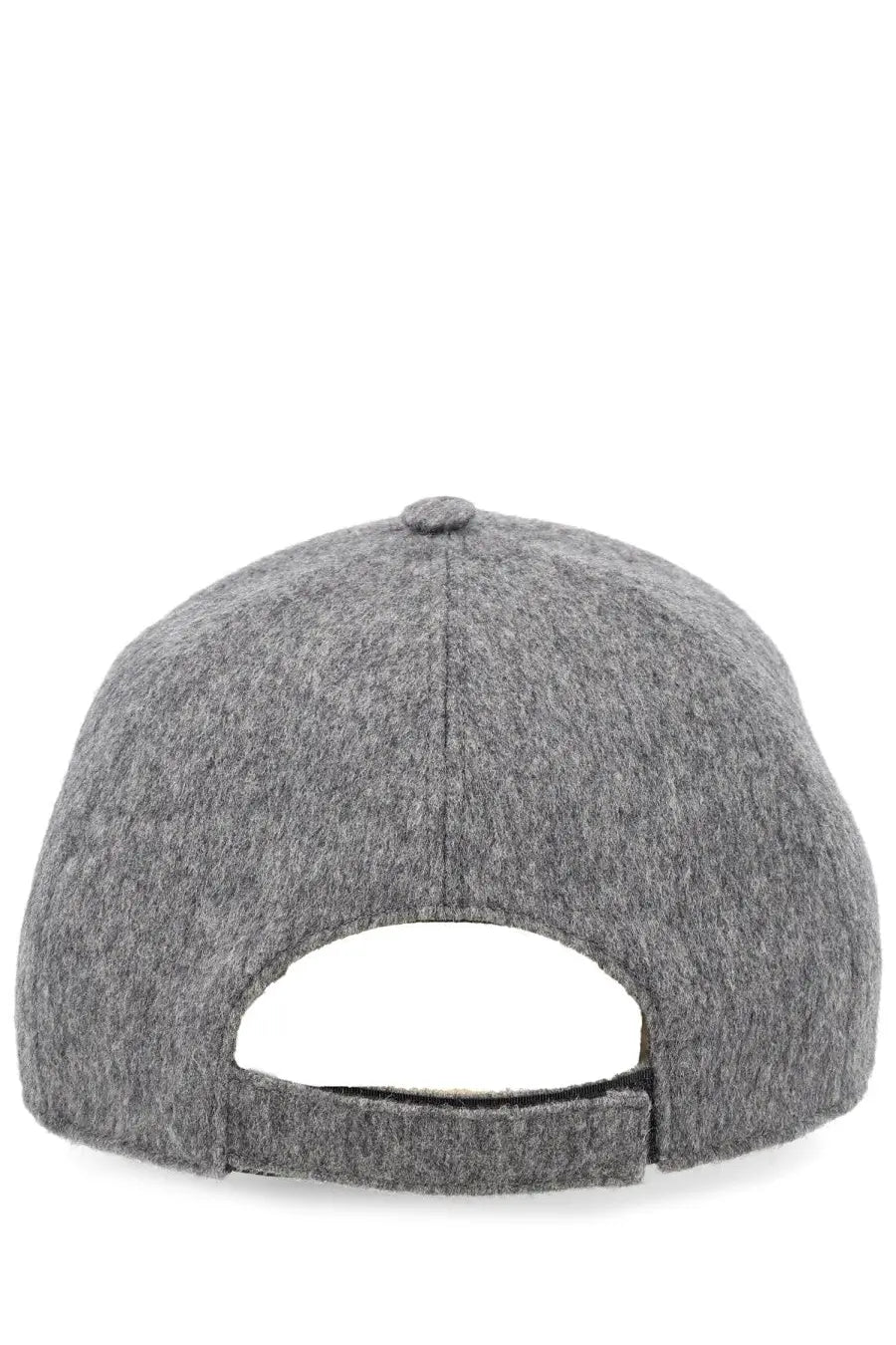 Fendi men’s wool and cashmere baseball hat grey with a textured heathered finish and adjustable strap shown from the back