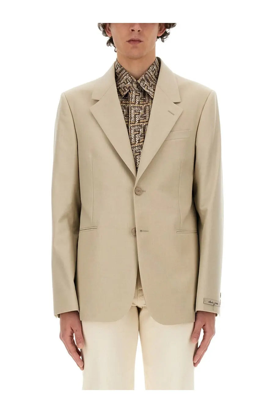Beige Fendi men’s wool jacket blazer with classic double-breasted design and subtle logo on collar