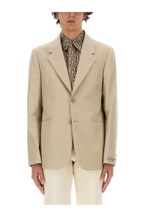 Beige Fendi men’s wool jacket blazer with classic double-breasted design and subtle logo on collar