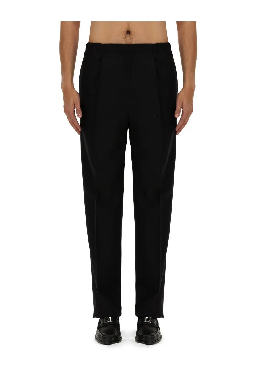 Fendi men’s black wool pants with tailored fit pleats and subtle texture for a sleek formal look