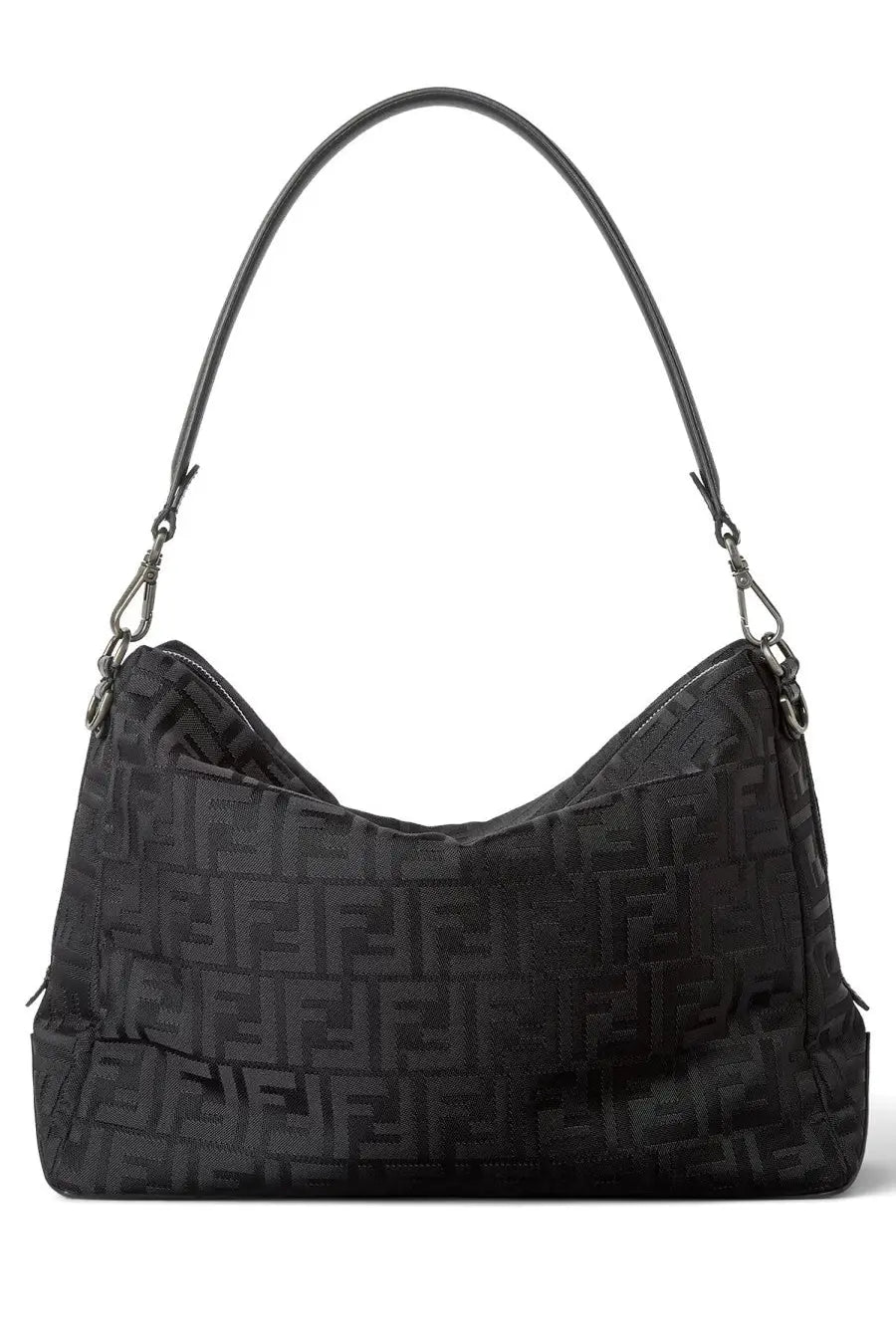 Fendi unisex bag HE large black textured fabric handbag with repeating FF logo pattern and matching leather handle