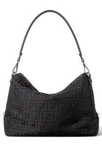 Fendi unisex bag HE large black textured fabric handbag with repeating FF logo pattern and matching leather handle