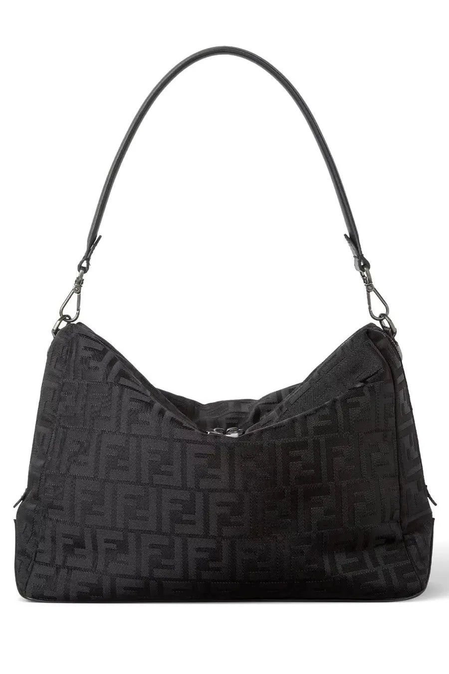 Fendi unisex bag HE large black with repeating FF logo pattern in textured fabric and matching leather handle