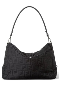 Fendi unisex bag HE large black with repeating FF logo pattern in textured fabric and matching leather handle
