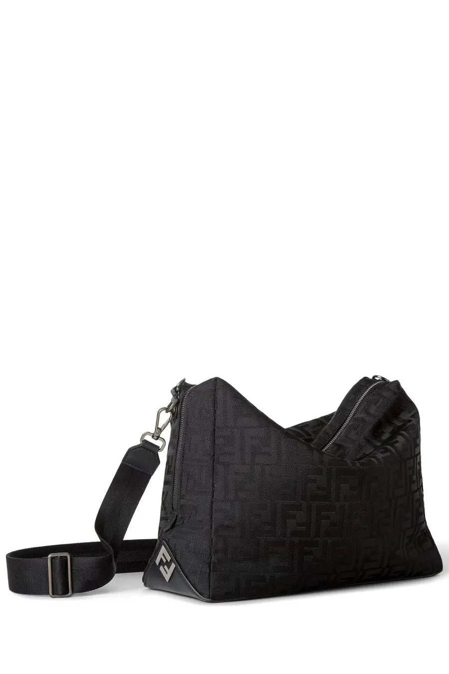 Fendi unisex black shoulder bag in textured fabric with repeating ff logo pattern silver hardware adjustable strap