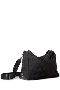 Fendi unisex black shoulder bag in textured fabric with repeating ff logo pattern silver hardware adjustable strap