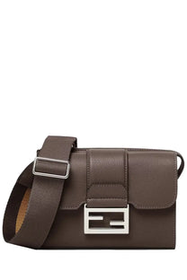 Fendi unisex baguette double brown brown leather crossbody bag with silver ff logo clasp and adjustable strap