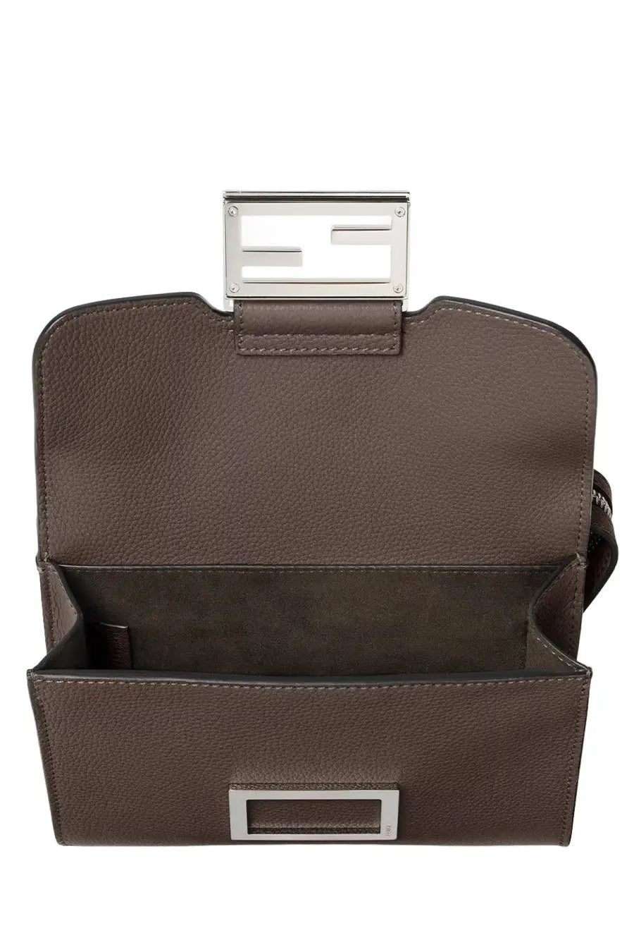 Brown leather fendi unisex baguette double handbag with silver-toned metal clasp and rectangular logo plaque