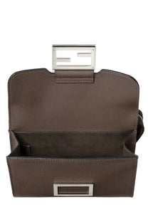 Brown leather fendi unisex baguette double handbag with silver-toned metal clasp and rectangular logo plaque