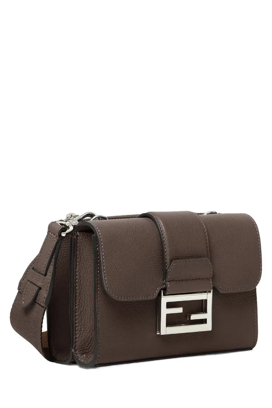 Brown leather fendi unisex baguette double handbag with silver-toned ff logo clasp