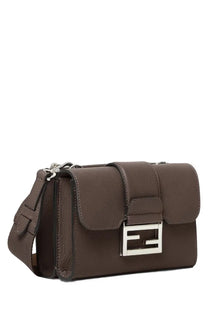 Brown leather fendi unisex baguette double handbag with silver-toned ff logo clasp