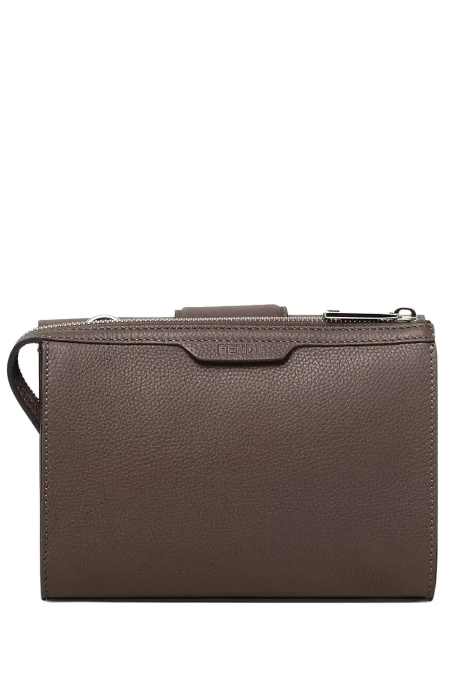 Fendi unisex baguette double brown clutch in brown textured leather with top zipper closure and detachable strap