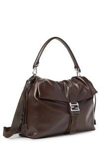 Brown leather fendi unisex flux messenger bag with silver logo clasp and matching top handle