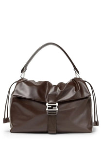 Fendi unisex flux messenger bag in brown leather with silver-toned logo clasp and drawstring ties