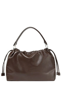 Fendi unisex flux messenger bag brown leather with drawstring closure and matching shoulder handles