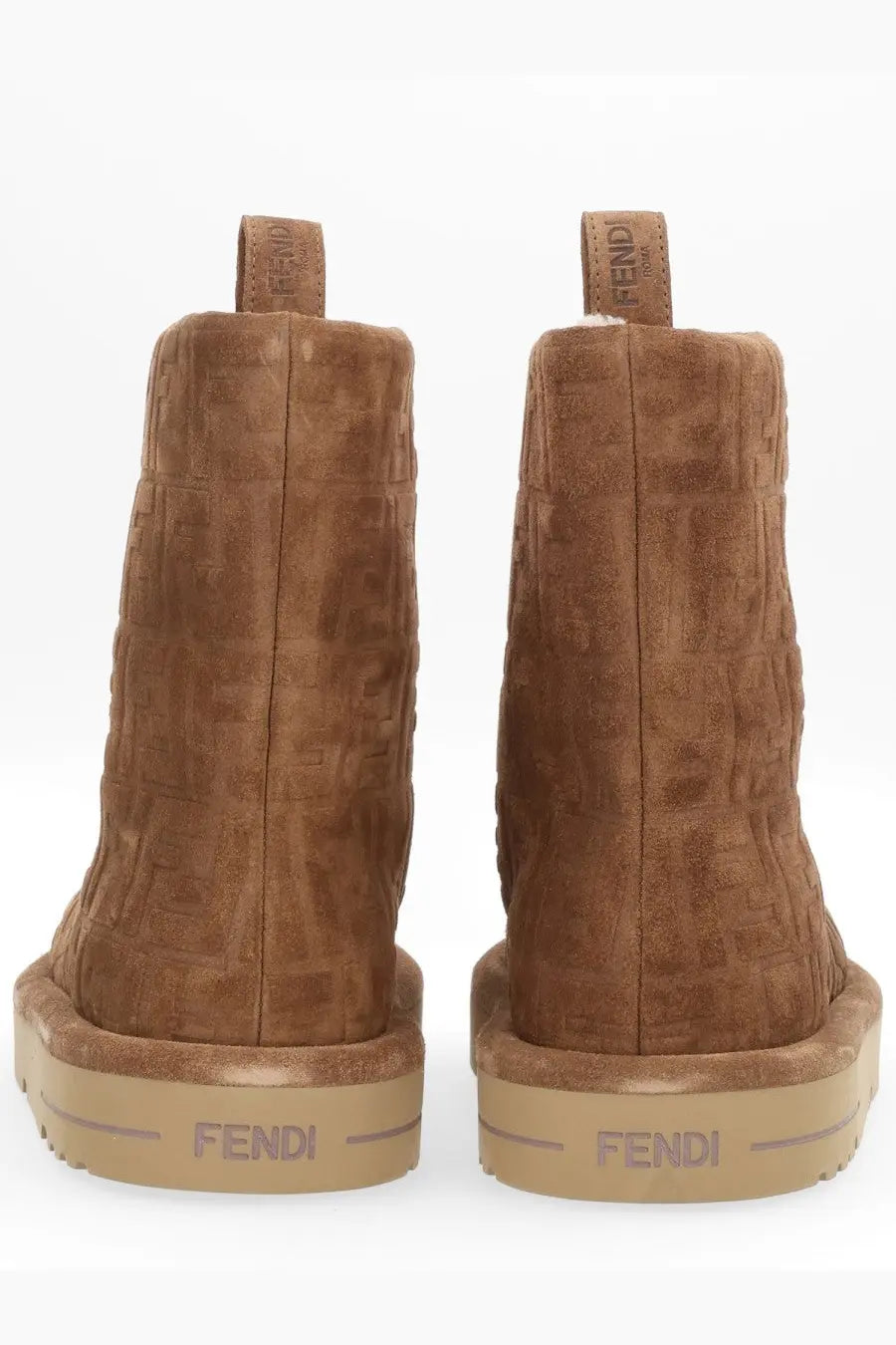 Fendi women’s apres chic boot brown tan suede with embossed logo pattern and beige rubber soles