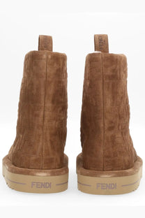Fendi women’s apres chic boot brown tan suede with embossed logo pattern and beige rubber soles