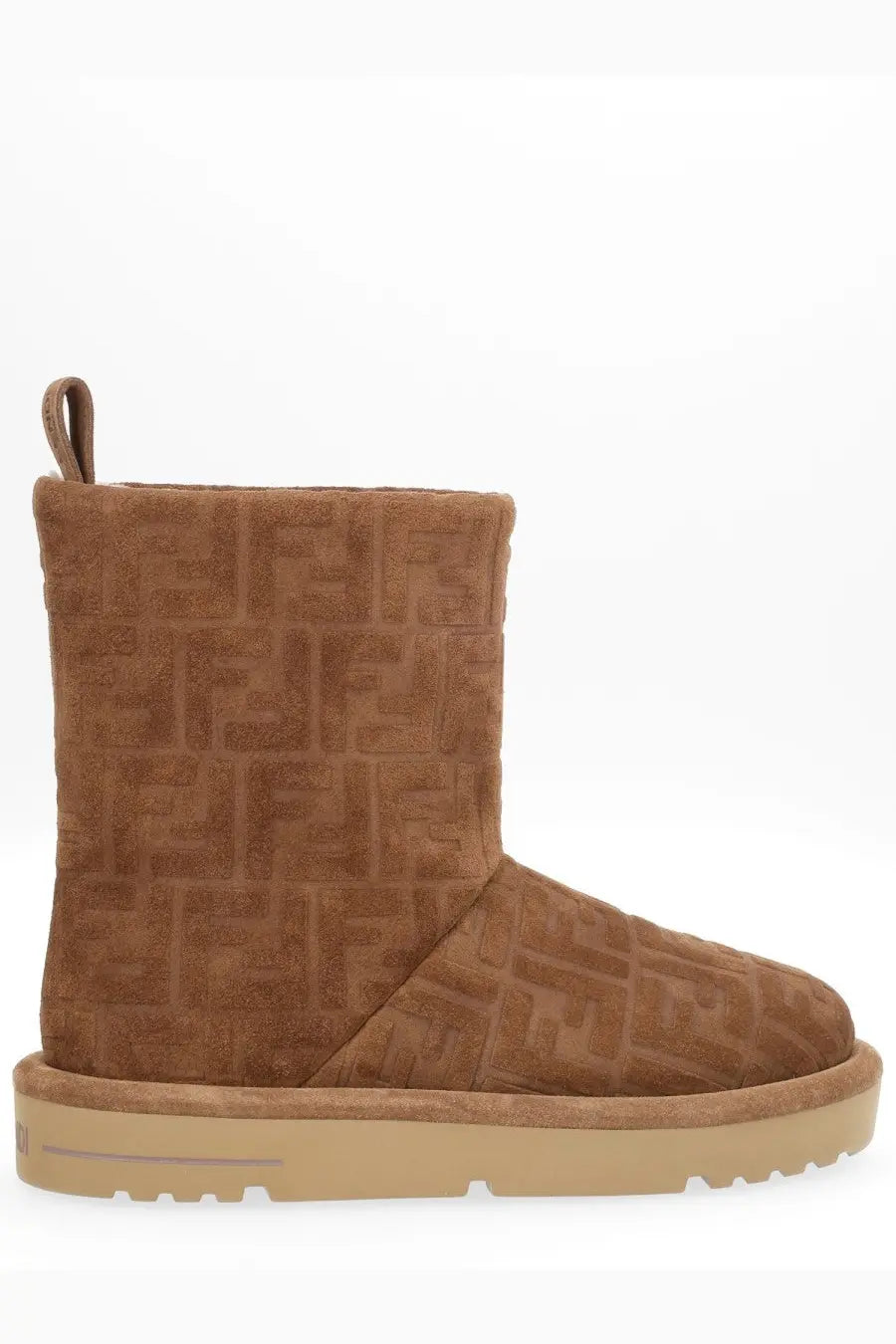 Fendi womens apres chic tan suede ugg boot with repeating fendi logo pattern across the upper