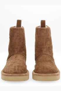 Fendi women’s apres chic boot in brown tan suede with embossed ff logo across the upper and sole