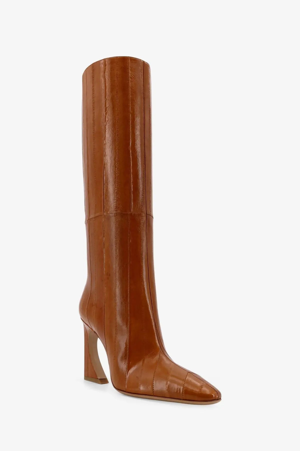 Fendi women’s arco hagfish tan leather knee-high boots with sleek pointed toe and sturdy block heel beige
