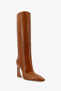 Fendi women’s arco hagfish tan leather knee-high boots with sleek pointed toe and sturdy block heel beige