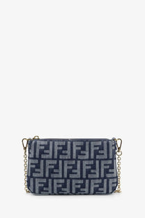 Navy blue and gray Fendi womens baguette FF jacquard fabric clutch bag with gold-tone chain strap crossbody bag